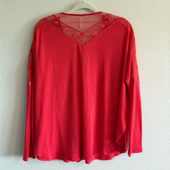 Free People ‘Lola’ Top V-Neck Long-Sleeve Ribbed Lace Women’s Medium Red - Picture 6 of 6